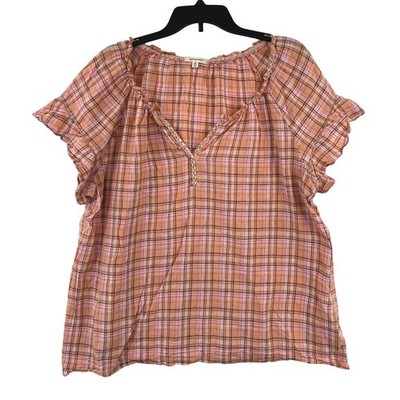 Max Studio Plaid Peasant Blouse Womens 1X Peach Cotton Ruffle Sleeve Split Neck