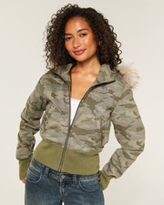 Hollister Peyton Twill Jacket Green Camo Women's Hooded Faux Fur Trim