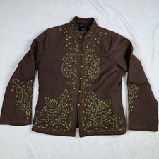 Silkland Blazer Jacket Womens Medium Embroidered Paisley Brown Green Lined Silk