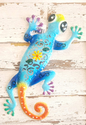 Gecko Bunt Metall Wanddeko Eidechse Echse Deko Hippie Trend Terasse Garten Balko