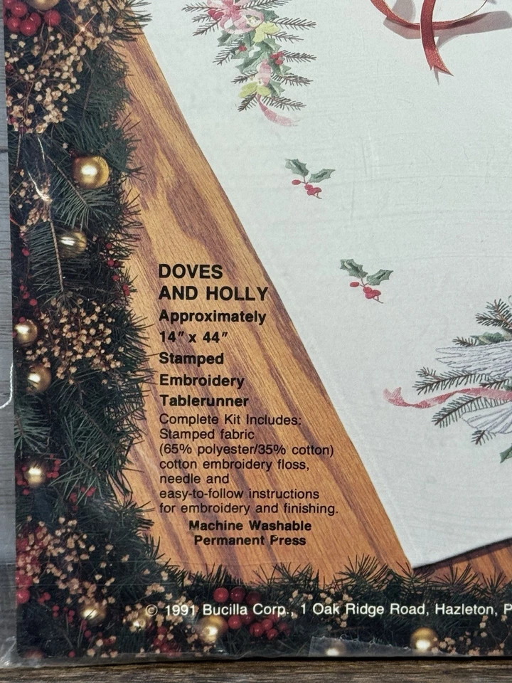 Bucilla Stamped Embroidery Tablerunner Kit DOVES AND HOLLY #82982 14”x44” - Image 2 of 4
