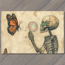 Art Print Skeleton Blowing Bubbles Butterfly Meadow Green Eye Halloween Art