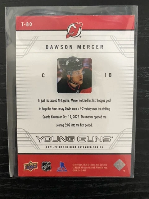 2021-22 Upper Deck Extended Series Retro Young Guns Dawson Mercer #T-80 Devils - Image 2 of 2