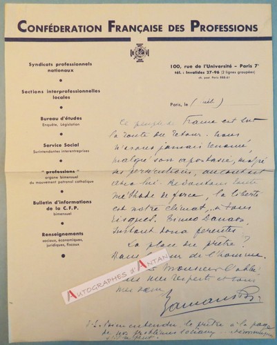 ● L.A.S 1939 Joseph ZAMANSKI né à Parthenay - Abbé Bourdon - lettre autographe - Picture 3 of 4