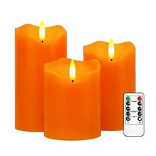 Flameless Candles Lights, Set of 3 Orange Flickering LED Candles with Remote ...