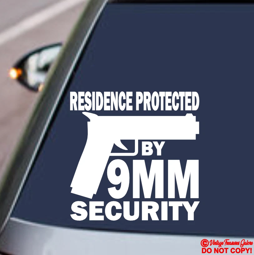 RESIDENCIA PROTEGIDA POR SEGURIDAD DE 9 MM Vinilo Calcomanía Adhesiva Ventana Hogar Defensa Pistola Foto 2 de 3