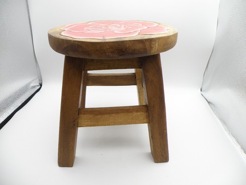 Vintage Hand Painted Carved Rose Wooden Stool 10” Tall 1973 Kindergarten Plus - Picture 12 of 17