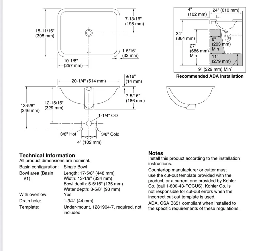 Fregadero de baño Kohler Caxton montaje inferior galleta 20000-96 Foto 2 de 4