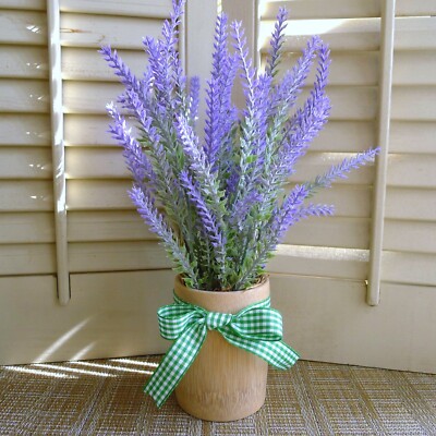 Faux Lavender Floral in a Bamboo Planter Farmhouse Flowers Gingham Bow New!