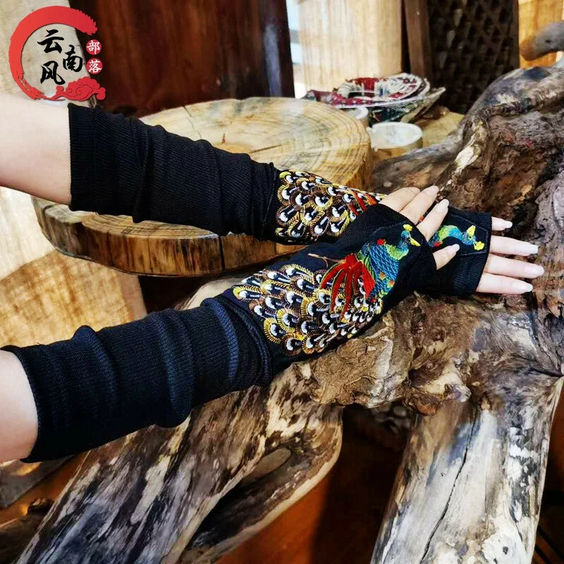 Ethnic Style Spring Summer Vintage Lady's Embroidered Flower Pattern Long Gloves - Image 3 of 4