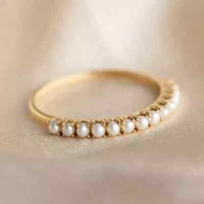 Women Simulated Pearl Half Eternity Birthday EternityRing 14K Yellow Gold Finish