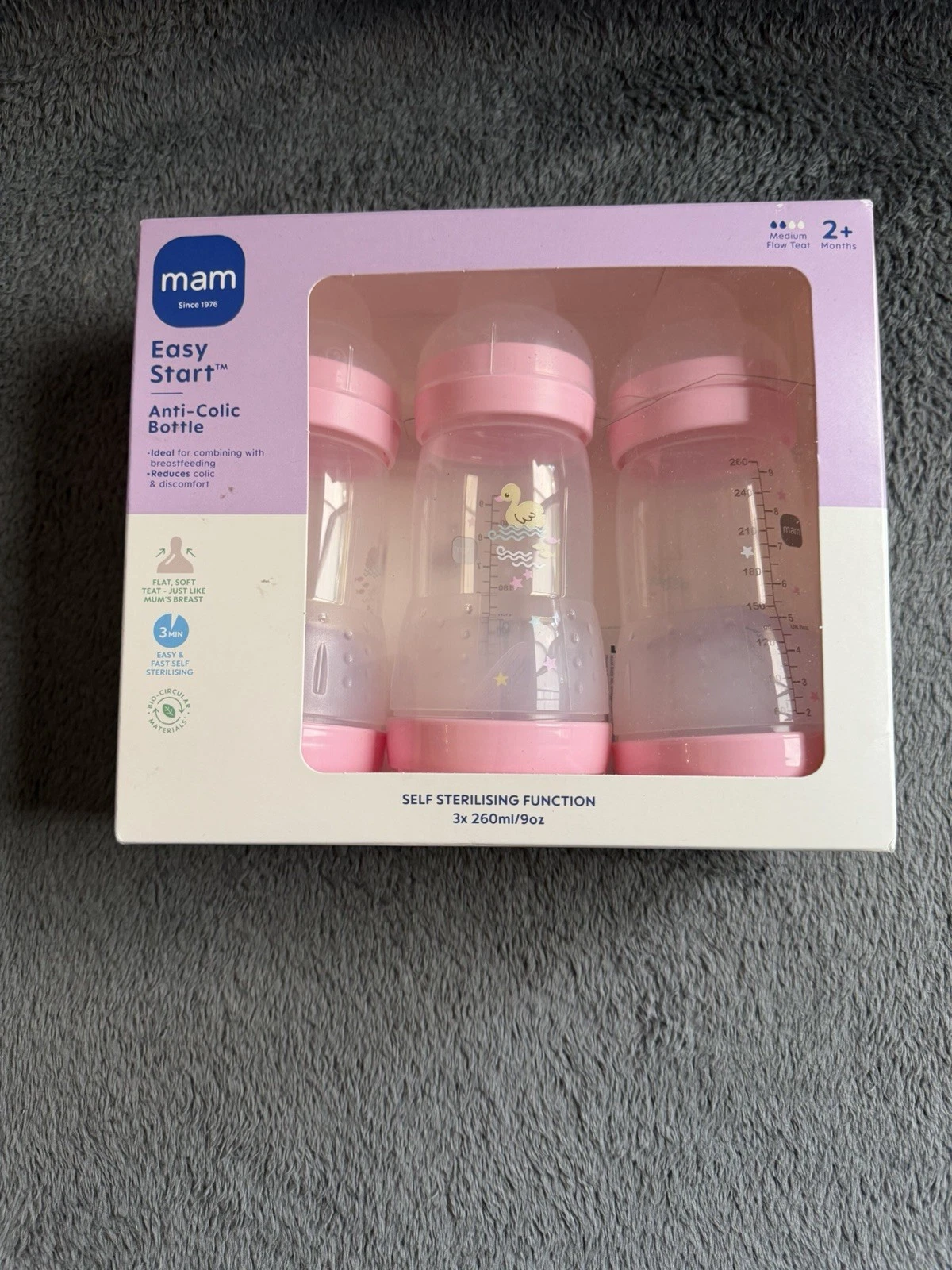 MAM Easy Start Anti Colic Baby Bottle 3pk Pink 260ml / 3oz 2 Month+ New