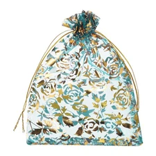 50 Pcs Organza Bag 5"x7" Sheer Flower Heart Mesh Bags Drawstring Lake Blue-Gold