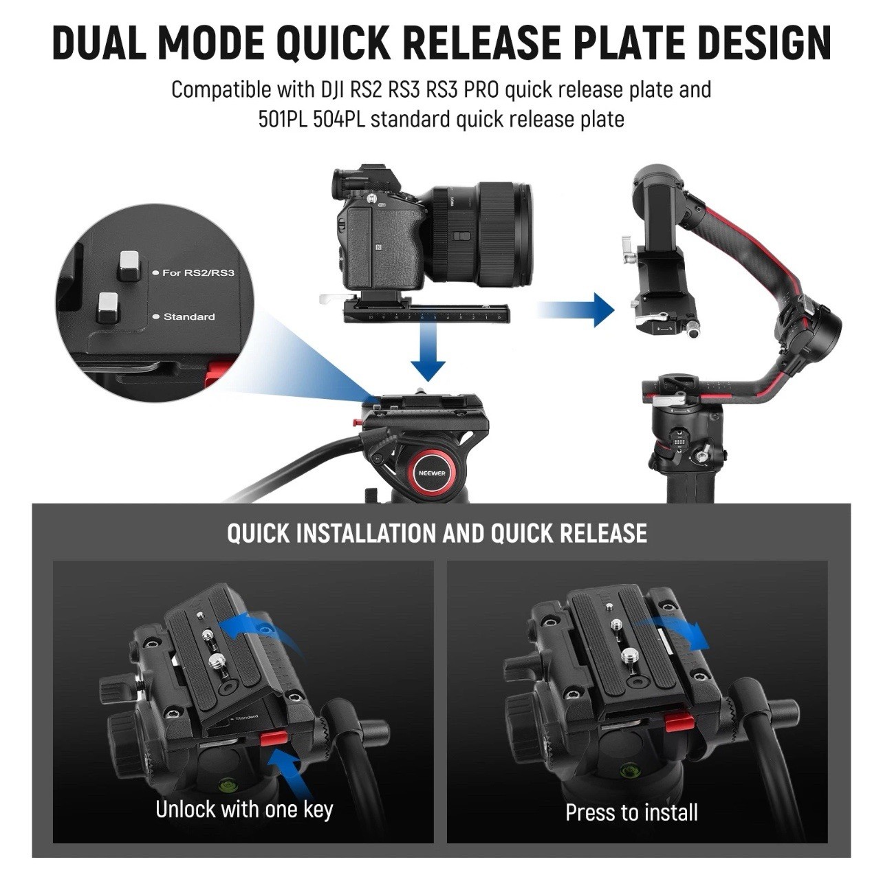 NEEWER TP74D 74" Video Tripod w/Fluid Head, QR Plate, 17.6lb Load