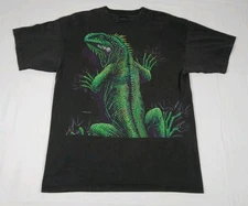 Vintage 90s Habitat Green Iguana Lizard Wrap Around Mens Black T Shirt Size XL