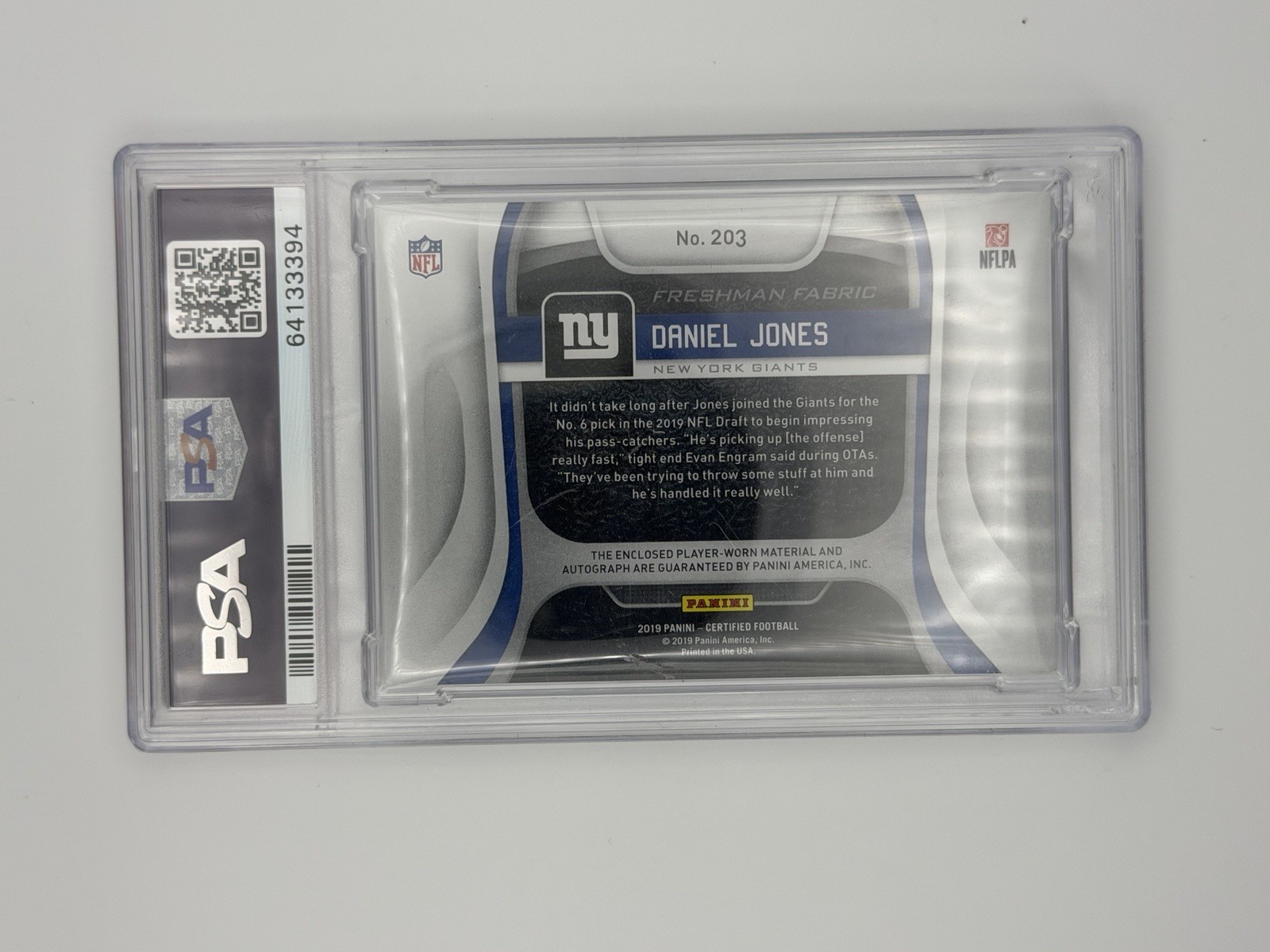 2019 Certified Football Daniel Jones Freshman Fabrics Rookie PatchAuto /10 PSA 8 view 2