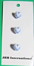 (3) Vtg JHB 3/8" BLUE FLORAL HEART WHITE PLASTIC SHANK DOLL BUTTONS NOS CARD-J6