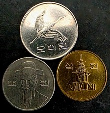 3-South Korean Coins  500 Won (2005), 100 Won (1990) & 10 Won (2002)       #5660