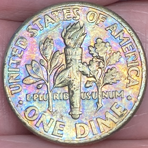 1998-D Roosevelt Dime Beautifully Rainbow Toned Coin in Rough Condition #9 - Picture 4 of 12