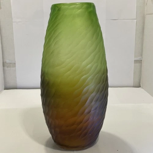 VTG HandBlown Murano Glass Vase Two Tone Green/Orange Using Battuto Technique
