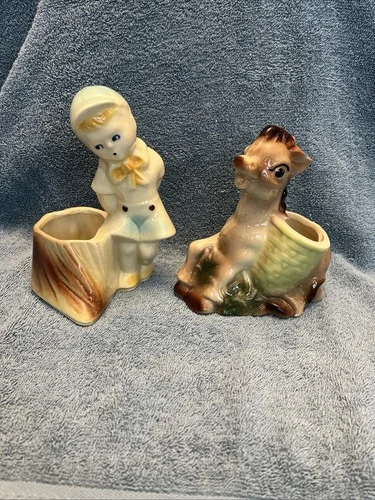 Shawnee Pottery USA Donkey Planter Basket Carrying #722 And Boy By Stump #533
