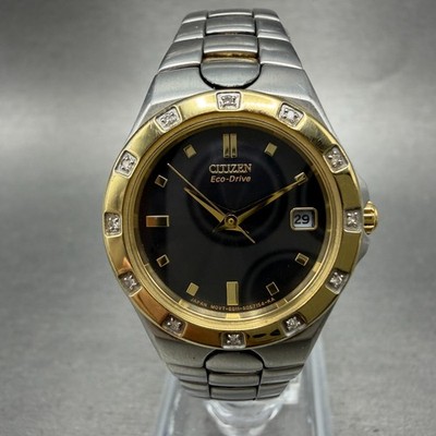 Citizen Eco-Drive Watch Women 25mm Black Dial Two Tone Date E011-S033721 Runs