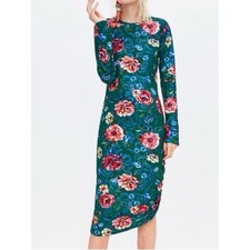 Zara Floral Long-Sleeve Midi Dress in Teal Green