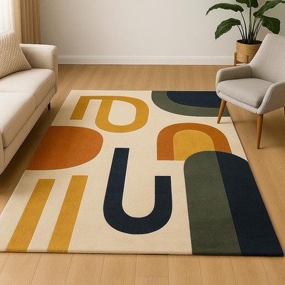 Handgetufteter neuseeländischer Wollteppich: Mid-Century Modern Geometrisches...