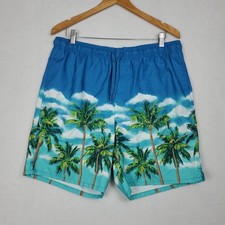 Old Navy Board Shorts Blue Palm Tree Swim Trunks Surf Beach Mens L Elastic Waist