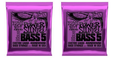 2 PACK Ernie Ball 2821 Power Slinky 5-String Nickel Wound Bass Strings (50 - 135