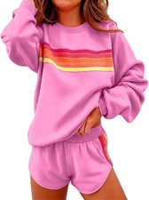 Women's Rainbow Striped 2Pc Shorts Set, Long Sleeve Top, Fall