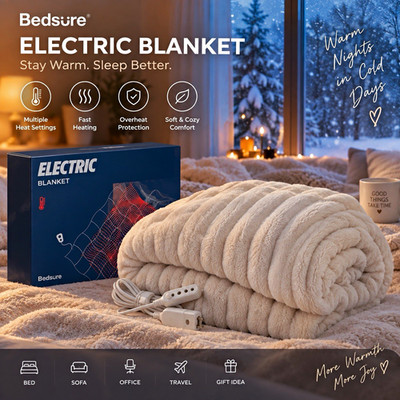 Bedsure Flannel Electric Heated Throw Blanket Beige Multi-Heat Overheat Protect