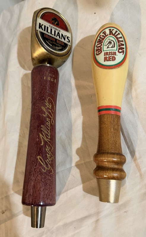 2 VINTAGE KILLIAN'S 'IRISH RED" BEER TAP PULL HANDLES  wood plastic ceramic