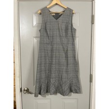 Talbots Plaid Sheath Dress Womens 16 Grey Excellent Italian Wool Blend Flounce