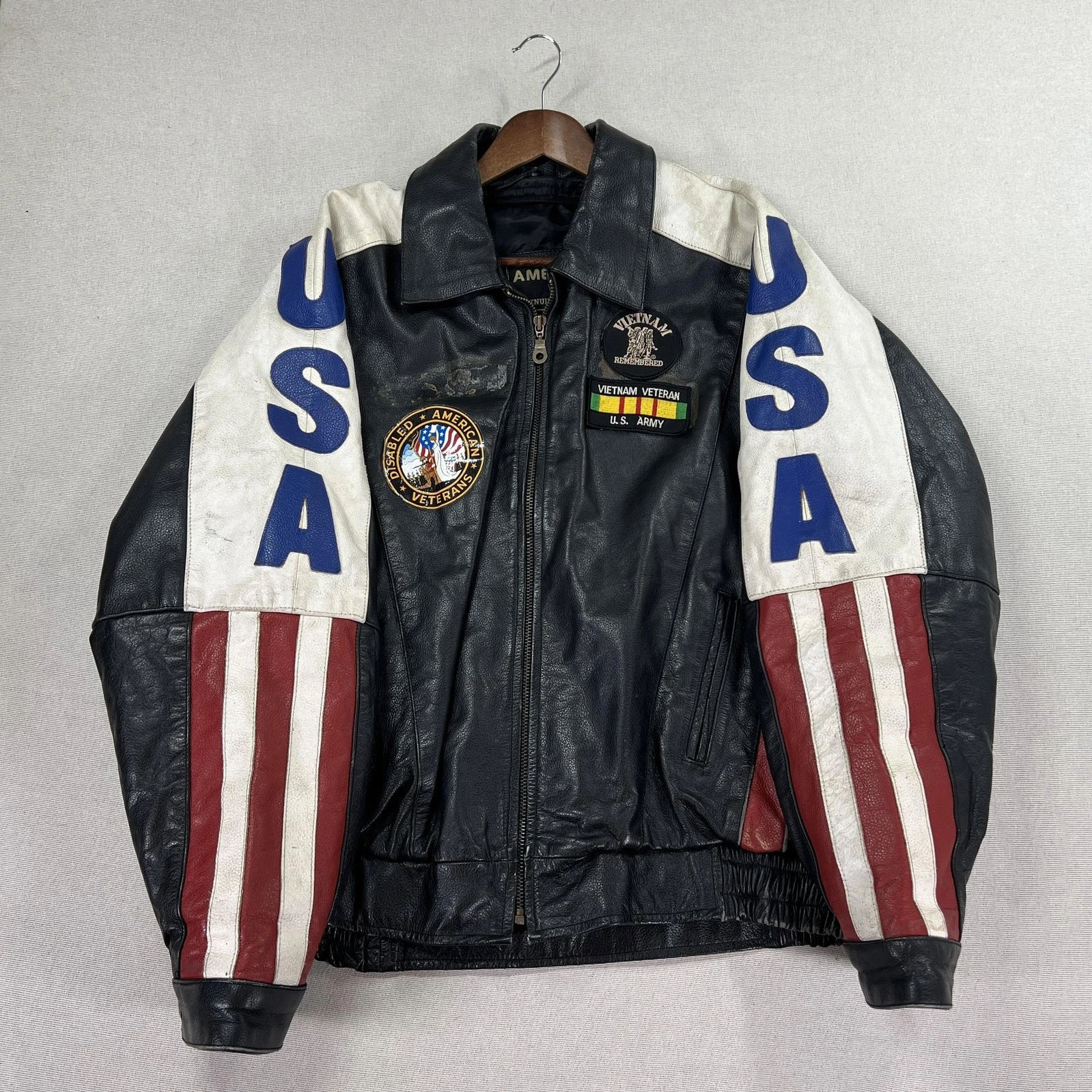 VTG Vietnam Veteran Leather Jacket Mens 4XL USA Flag MACV-SOG Patch American Top image 6