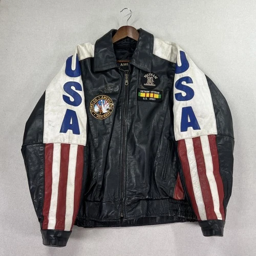 VTG Vietnam Veteran Leather Jacket Mens 4XL USA Flag MACV-SOG Patch American Top image 6