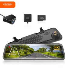 WOLFBOX With Super Night Vision 4K 12" Mirror Dash Cam WDR Backup Camera