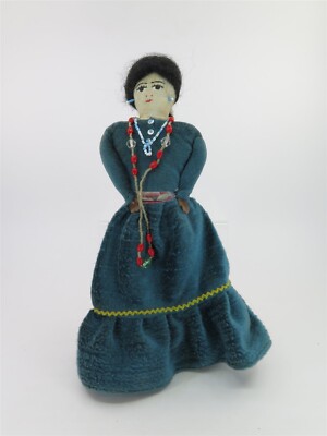 Vintage Handmade Native American Navajo Cloth Doll Beads & Velvet 11'' x 3.75''