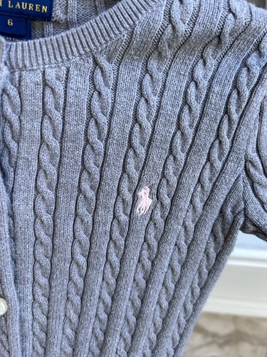 POLO RALPH LAUREN cotton girls light gray cardigan cable knit sweater sz 6 youth - Picture 2 of 5