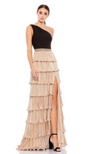 New Mac Duggal ONE SHOULDER LAYERED METALLIC RUFFLE GOWN In Black Gold Sz 14