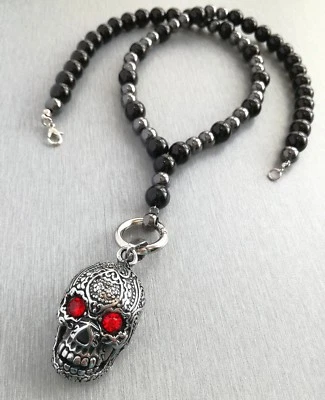 Herren Halskette Onyx Stein Ring Verschluss Edelstahl Skull Totenkopf bikerkette - Bild 1 von 4