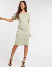 Closet London Square Neck Pencil Midi Dress With Puff Sleeve In Mint (Retails...