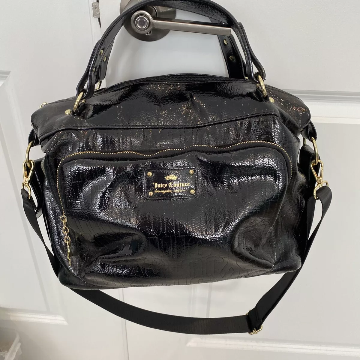 Juicy Couture Black Hatched Leather Bag Purse with Gold Chain Cross Bo –  Parsimony Shoppes