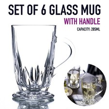 Set of 6 Crystal Glass Mugs w Handle Tea Coffee Hot Cold Drink Beverage 285ml