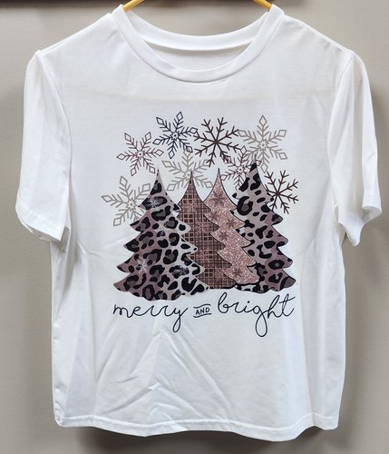 CAMISETA MUJER INVIERNO ÁRBOLES NIEVE ALEGRE Y BRILLANTE S/S, BLANCA MULTI, M MEDIANA