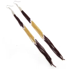 Brown Glass Seed Beads Beaded Extra Long Earrings 8 Inch Handmade