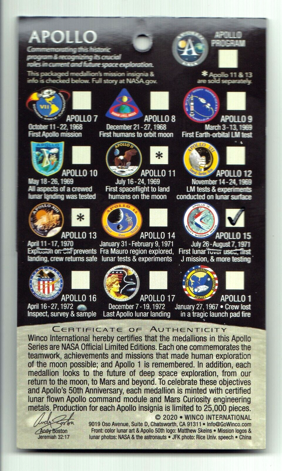 APOLLO-14 - 50th Anniversary - LUNAR FLOWN METAL - NASA MEDALLION - COA ...