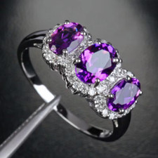 Halo Style Three Gemstone Simulated Oval Amethyst  Round Sapphire Women's Ring