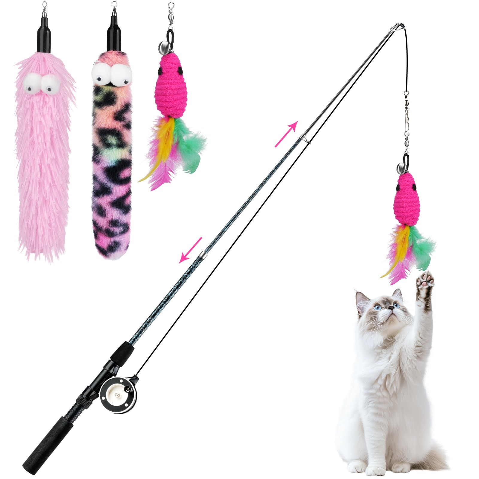 Baguette teaser pour chat avec canne à pêche télescopique en carbone et 3 plumes de rechange