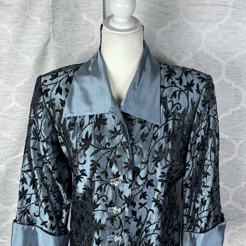 JS Collections Blue Taffeta Floral Beaded Rhinestone Cocktail Jacket 14 Skirt - Image 3 of 4